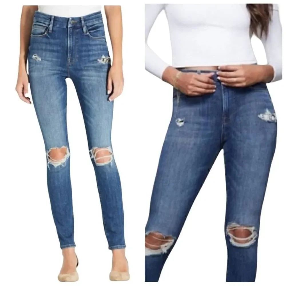 Good American Good Waist High Rise Snake Print Lined Pockets Denim Jeans Size 8/